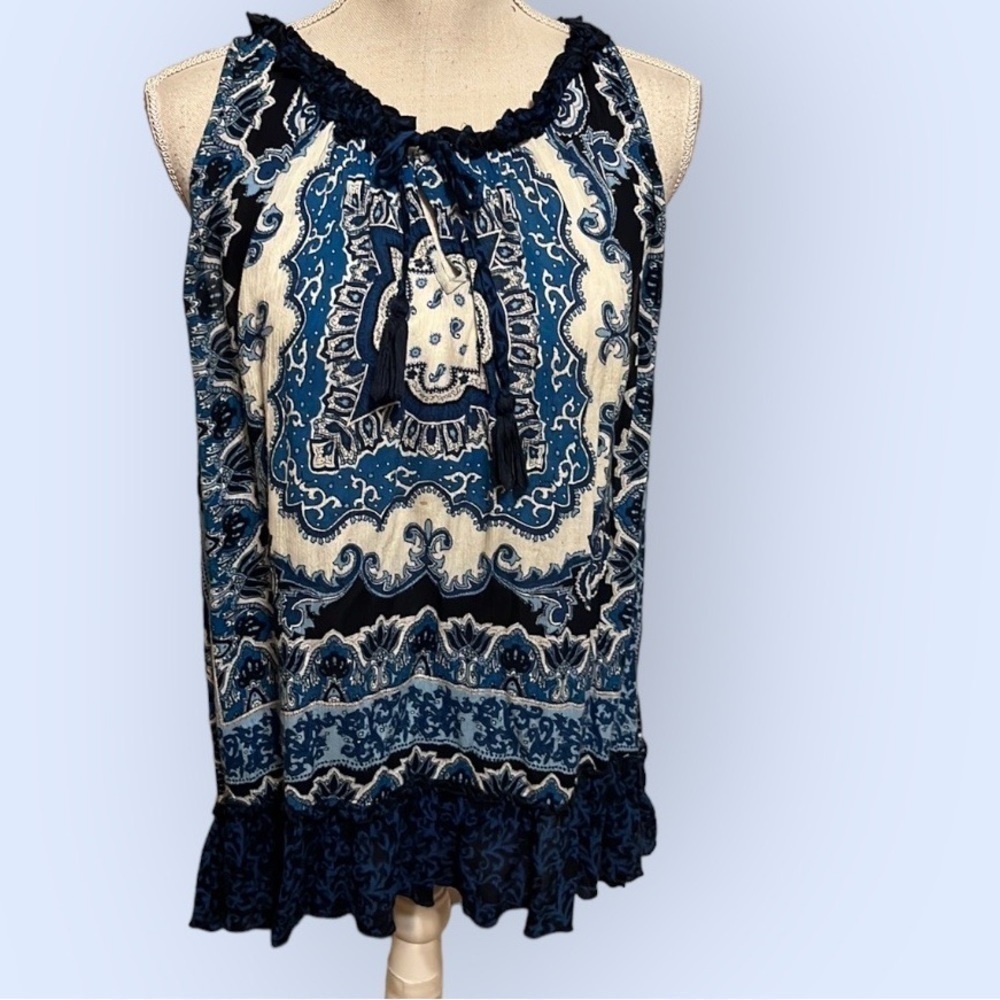 Bila sleeveless top, blue print. Size XL
